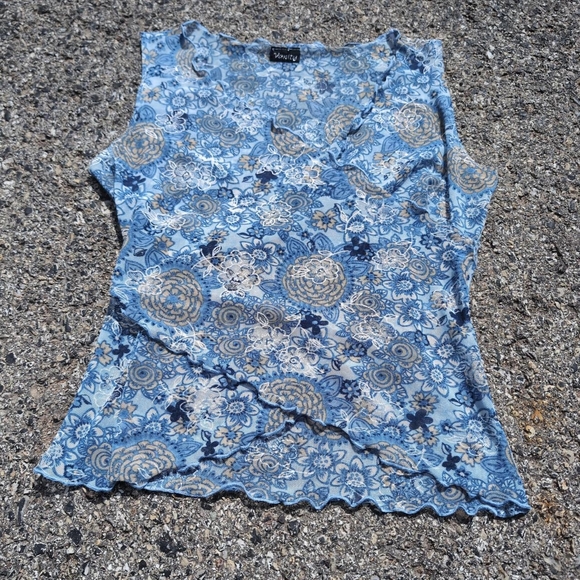 Blue Vanity Sheer Mesh Tank Top Ruffled lettuce trim, wrap style top - Picture 2 of 8